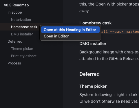 Right-click context menu on an outline row showing 'Open at this Heading in Editor' and 'Open in Editor' options.